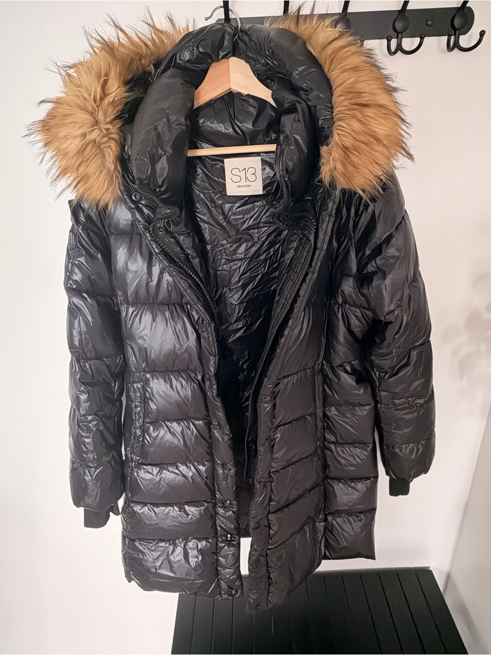 S13 Women's Black Long Puffer Coat with Faux Fur Hood